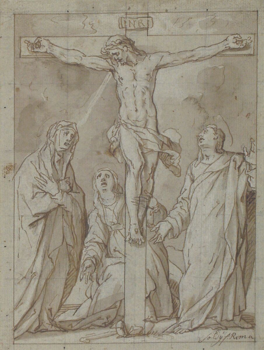 Christ Crucified, Attended by the Virgin, Saint Mary Magdalen, and Saint John the Evangelist, Lazzaro Tavarone (Italian, Genoa 1556–1641 Genoa), Pen and brown ink, pale brown wash, over black chalk, on gray-green paper. Squared in black chalk