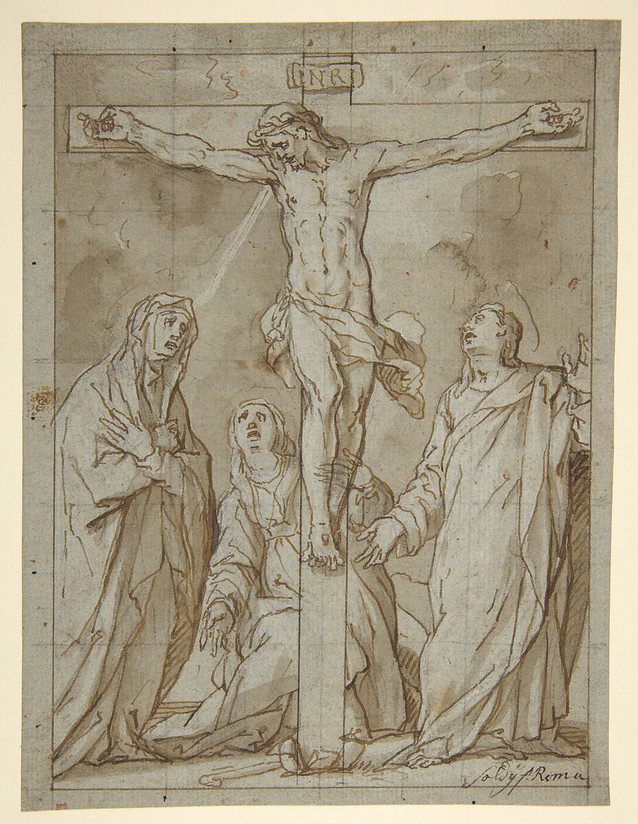 Christ Crucified, Attended by the Virgin, Saint Mary Magdalen, and Saint John the Evangelist, Lazzaro Tavarone (Italian, Genoa 1556–1641 Genoa), Pen and brown ink, pale brown wash, over black chalk, on gray-green paper. Squared in black chalk 