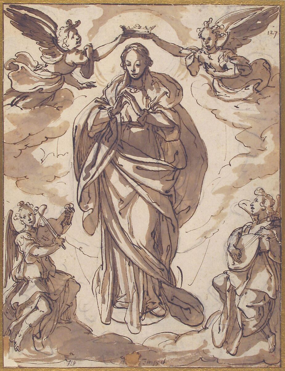 The Virgin Immaculate Crowned by Two Angels, with Angel Musicians in the Foreground, Domenico Fontana (Italian, Florence 1555–1630 Rome), Pen and brown ink, brown wash, over black chalk