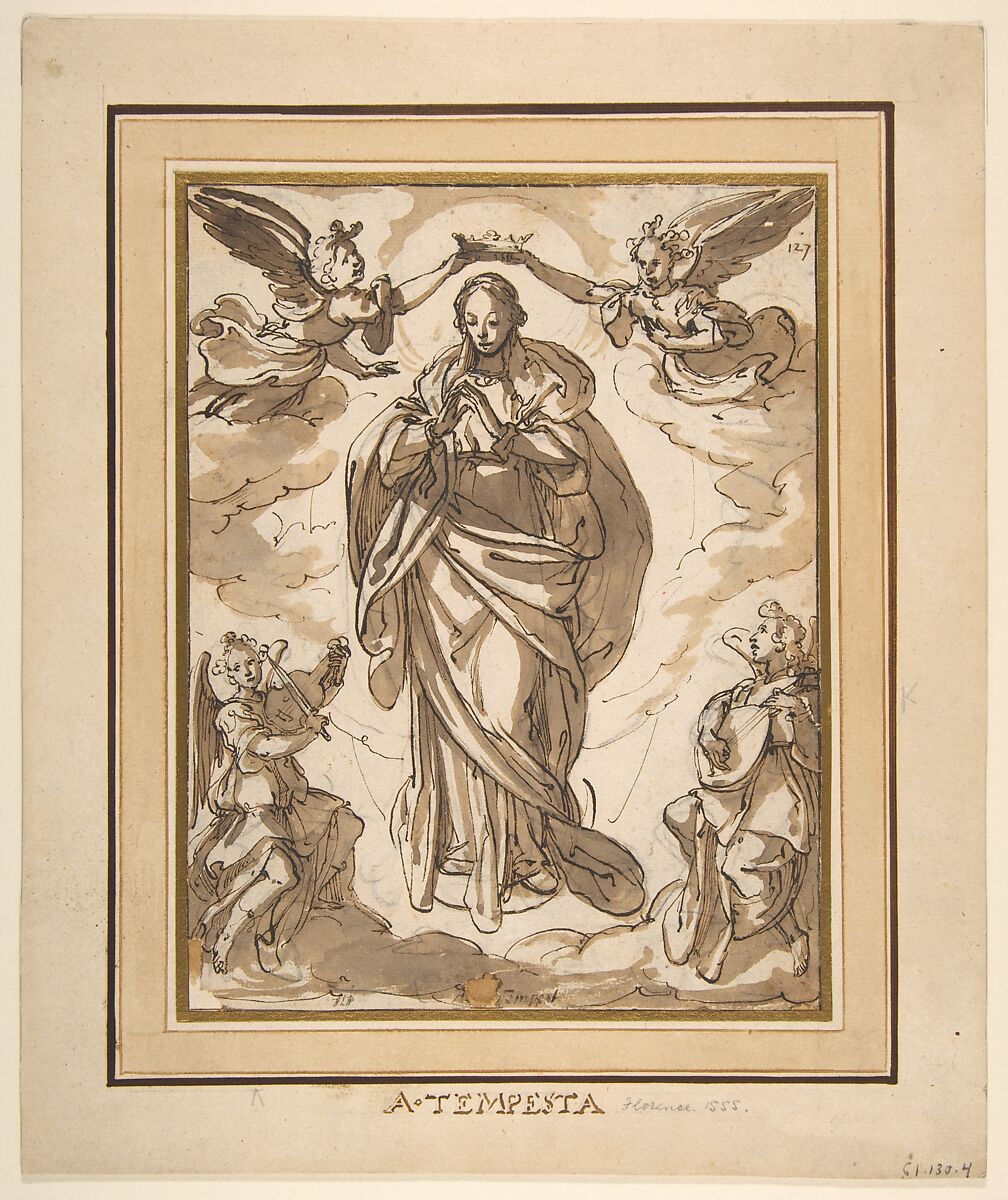 The Virgin Immaculate Crowned by Two Angels, with Angel Musicians in the Foreground, Domenico Fontana (Italian, Florence 1555–1630 Rome), Pen and brown ink, brown wash, over black chalk 