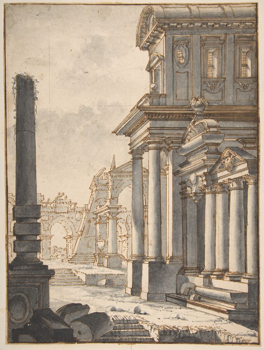 Façade and Ruins, attributed to Mauro Antonio Tesi (Italian, Montalbano 1730–1766 Bologna), Pen and brown ink, brush and gray wash 