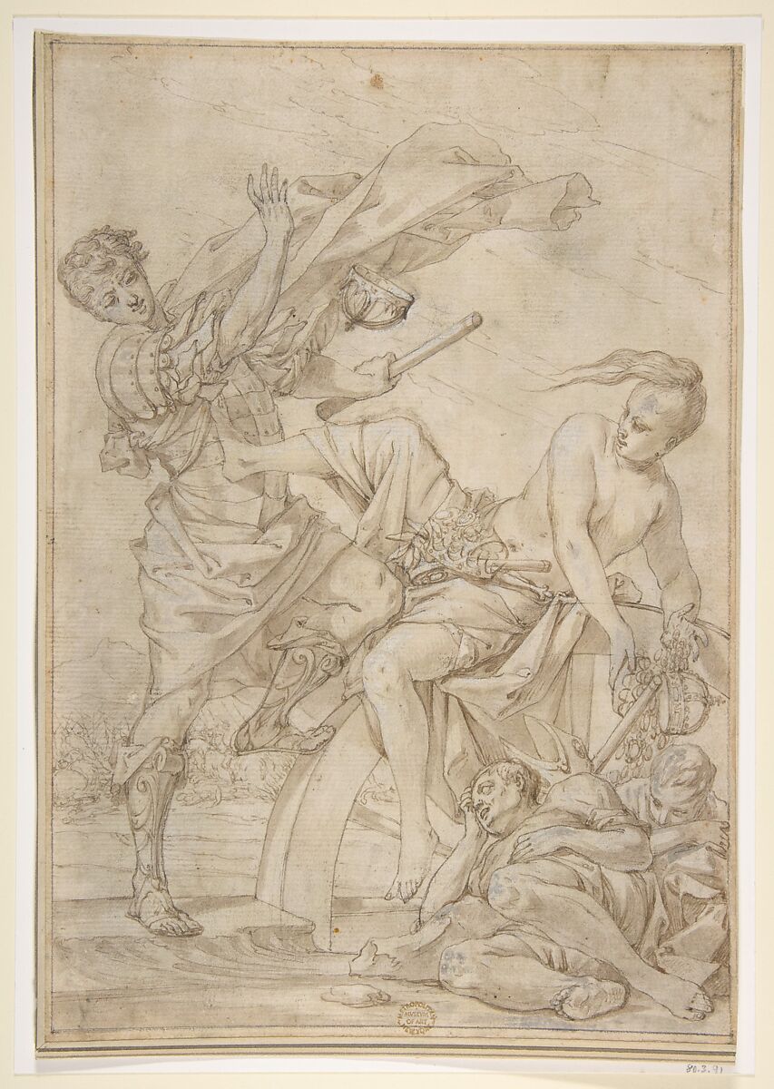 Allegory of Fortune, attributed to Pietro Testa (Italian, Lucca 1612–1650 Rome), Pen and brown ink, brown wash, over black chalk, highlighted with white 
