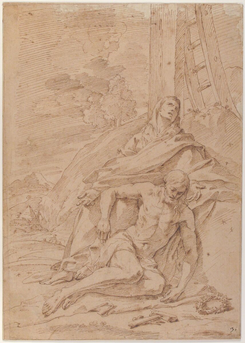 The Virgin Lamenting over the Dead Christ, Pietro Testa (Italian, Lucca 1612–1650 Rome), Pen and brown ink, on beige paper