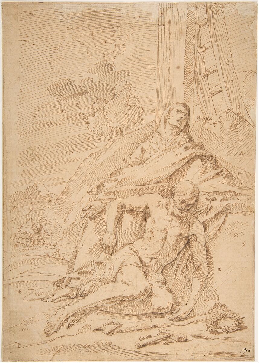The Virgin Lamenting over the Dead Christ, Pietro Testa (Italian, Lucca 1612–1650 Rome), Pen and brown ink, on beige paper 