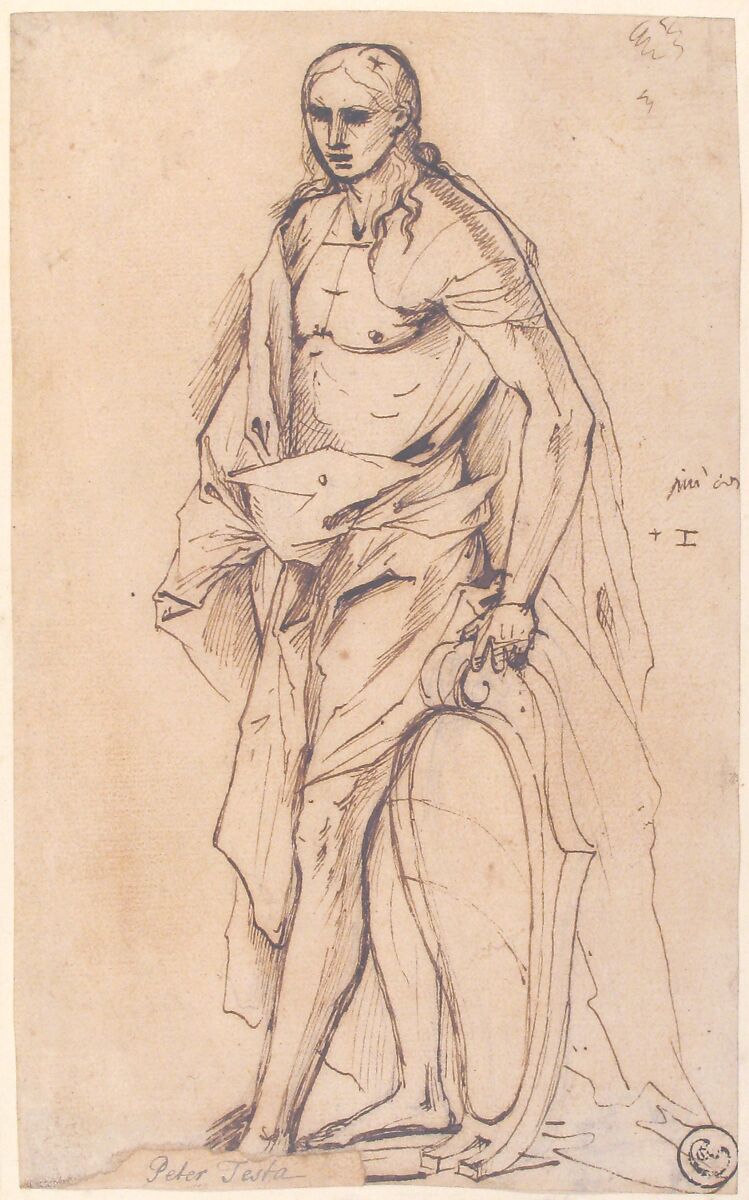 Standing Male Figure Supporting a Shield, Pietro Testa (Italian, Lucca 1612–1650 Rome), Pen and brown ink, over a little black chalk, on beige paper