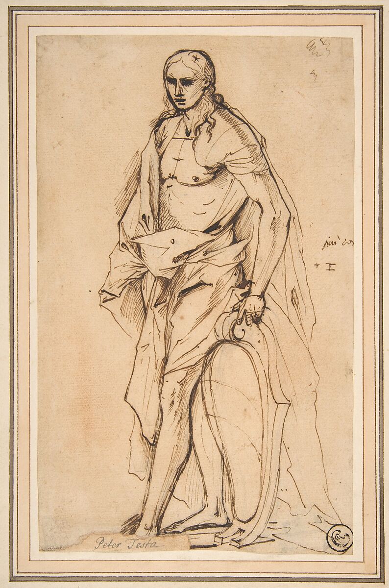 Standing Male Figure Supporting a Shield, Pietro Testa (Italian, Lucca 1612–1650 Rome), Pen and brown ink, over a little black chalk, on beige paper 