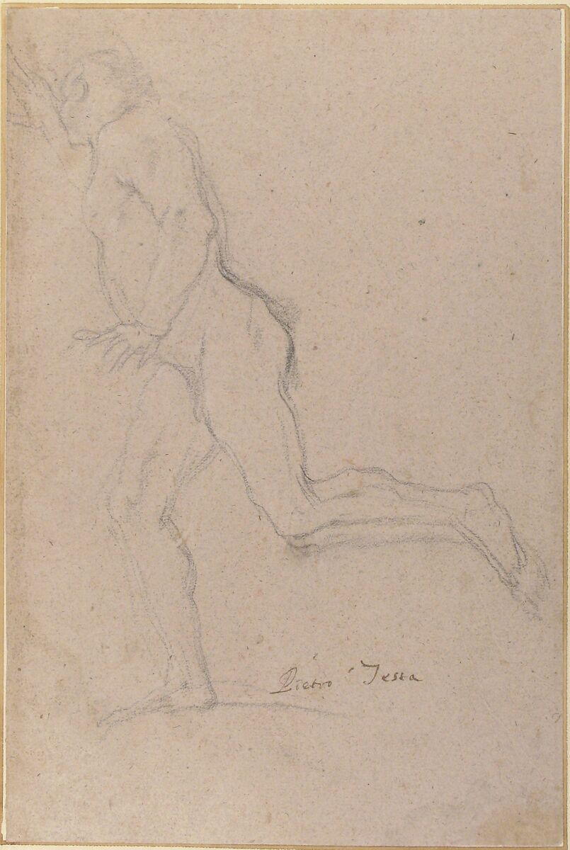 Nude Youth Running (recto); Standing Draped Old Man with Left Hand Upraised (verso), Pietro Testa (Italian, Lucca 1612–1650 Rome), Black chalk on gray paper (recto); black chalk with traces of white chalk (verso)