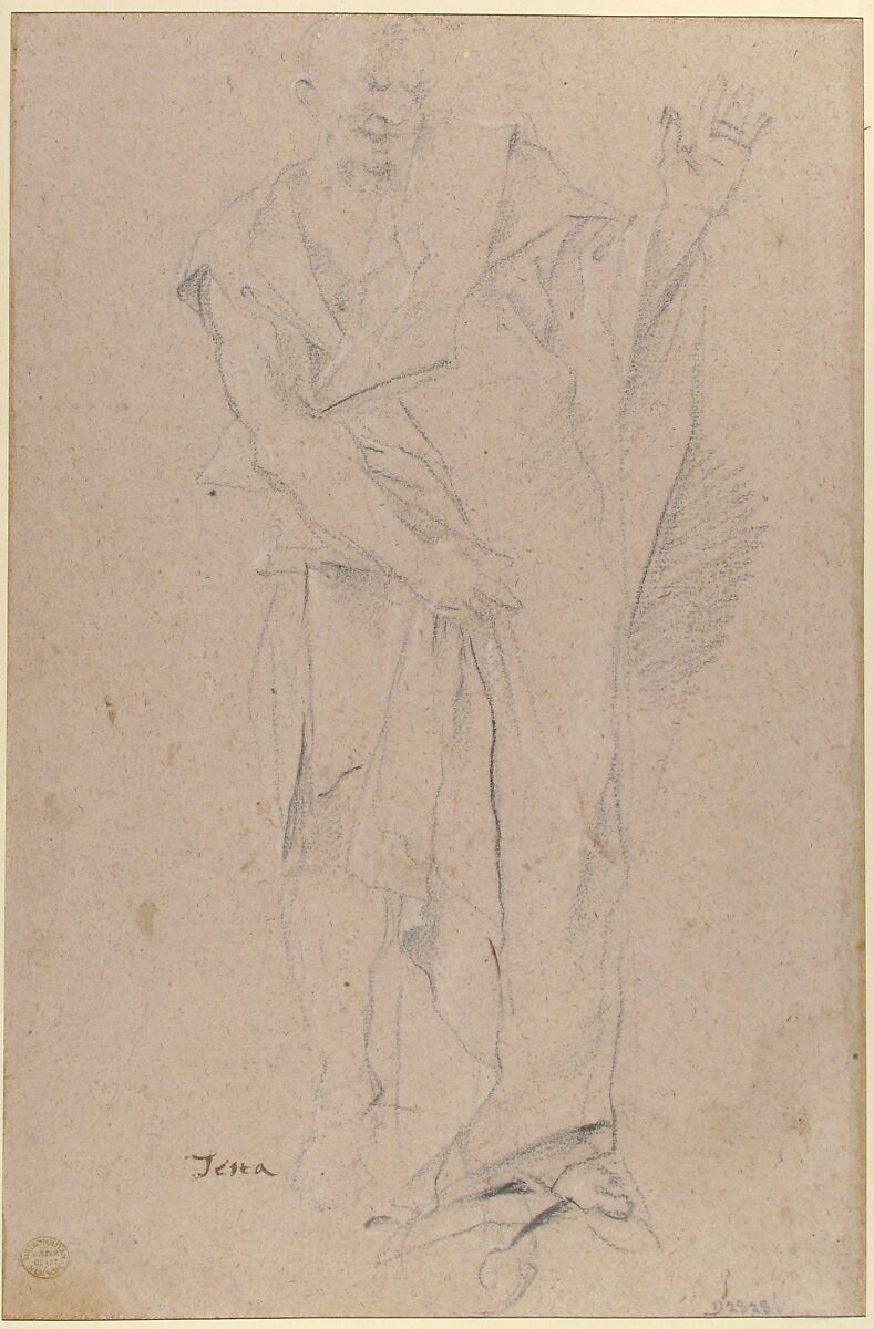 Nude Youth Running (recto); Standing Draped Old Man with Left Hand Upraised (verso), Pietro Testa (Italian, Lucca 1612–1650 Rome), Black chalk on gray paper (recto); black chalk with traces of white chalk (verso)