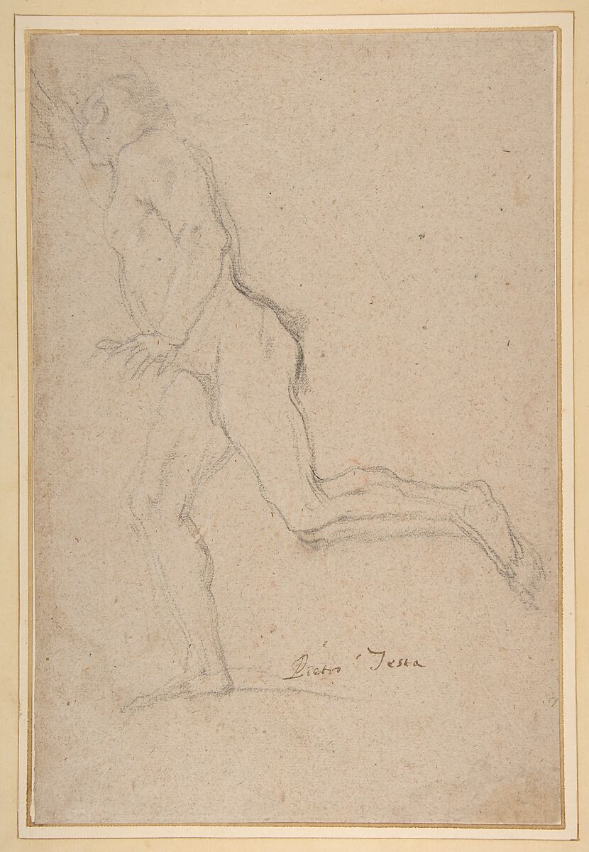 Nude Youth Running (recto); Standing Draped Old Man with Left Hand Upraised (verso), Pietro Testa (Italian, Lucca 1612–1650 Rome), Black chalk on gray paper (recto); black chalk with traces of white chalk (verso) 
