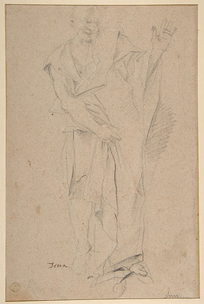 Nude Youth Running (recto); Standing Draped Old Man with Left Hand Upraised (verso), Pietro Testa (Italian, Lucca 1612–1650 Rome), Black chalk on gray paper (recto); black chalk with traces of white chalk (verso)