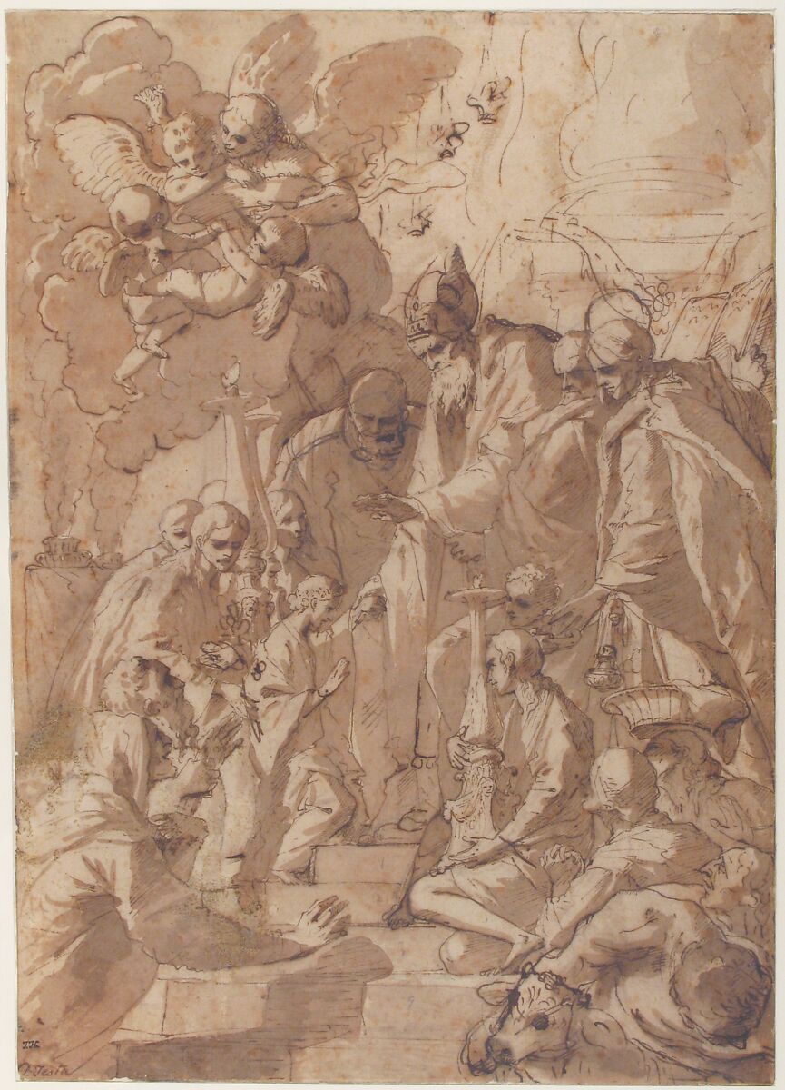 The Presentation of the Virgin in the Temple (recto); Another Design for the Same Composition (verso), Pietro Testa (Italian, Lucca 1612–1650 Rome), Pen and brown ink, brush and brown wash, on beige paper (recto); pen and brown ink (verso).