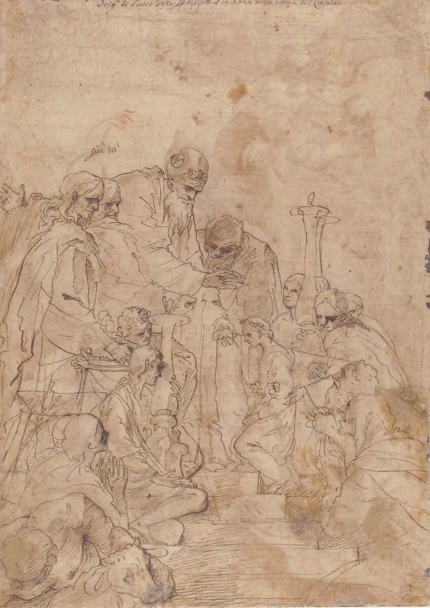 The Presentation of the Virgin in the Temple (recto); Another Design for the Same Composition (verso), Pietro Testa (Italian, Lucca 1612–1650 Rome), Pen and brown ink, brush and brown wash, on beige paper (recto); pen and brown ink (verso).