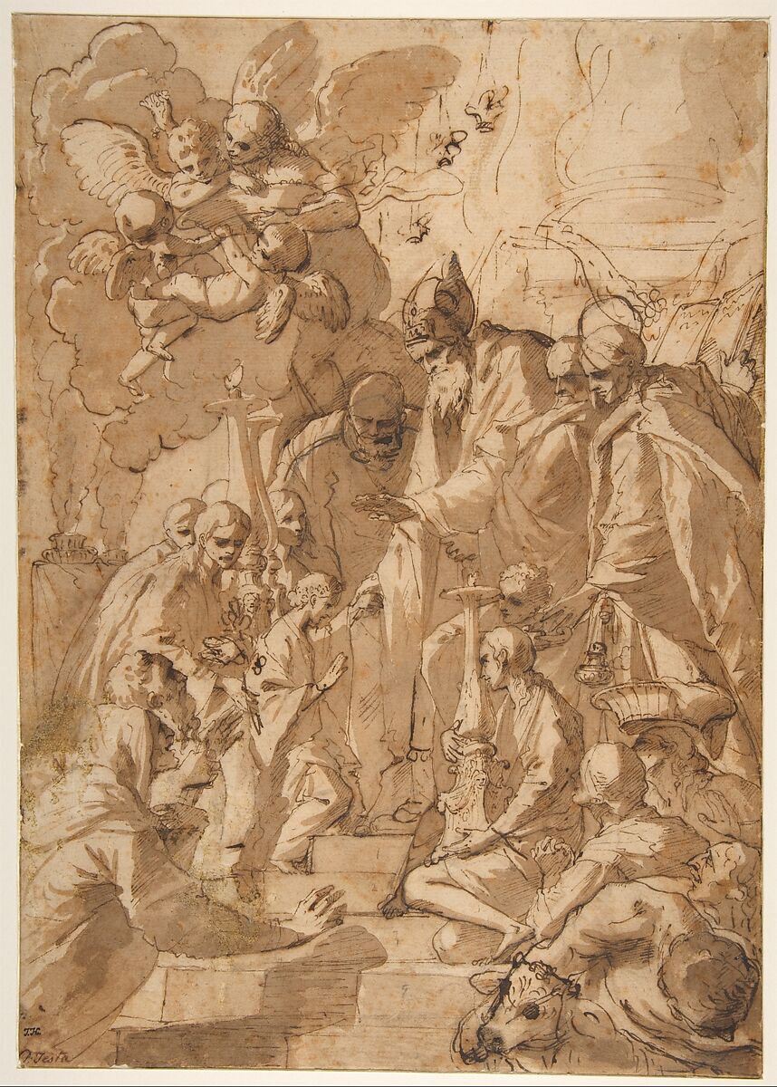 The Presentation of the Virgin in the Temple (recto); Another Design for the Same Composition (verso), Pietro Testa (Italian, Lucca 1612–1650 Rome), Pen and brown ink, brush and brown wash, on beige paper (recto); pen and brown ink (verso). 