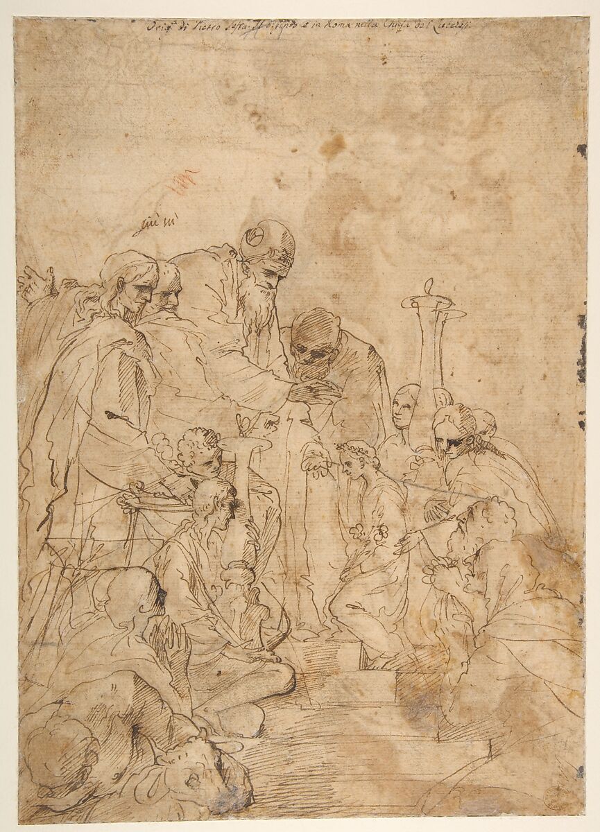 The Presentation of the Virgin in the Temple (recto); Another Design for the Same Composition (verso), Pietro Testa (Italian, Lucca 1612–1650 Rome), Pen and brown ink, brush and brown wash, on beige paper (recto); pen and brown ink (verso).