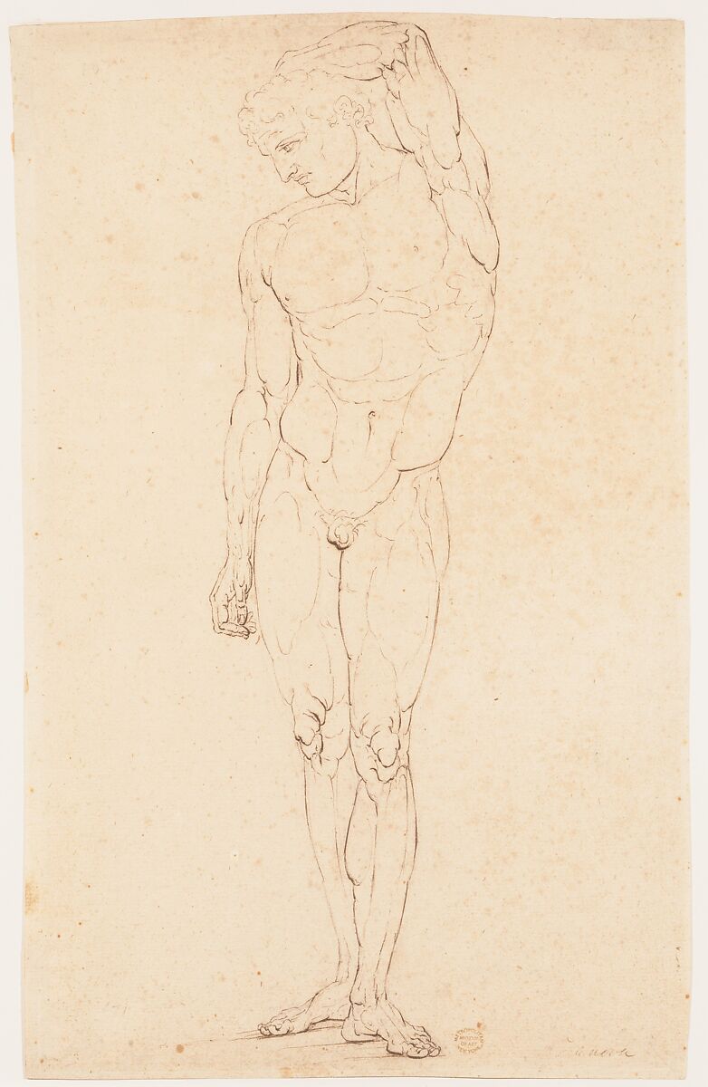Nude Man Standing with One Arm Raised, Anonymous, Italian, early 19th century  Italian, Pen and brown ink, over black chalk