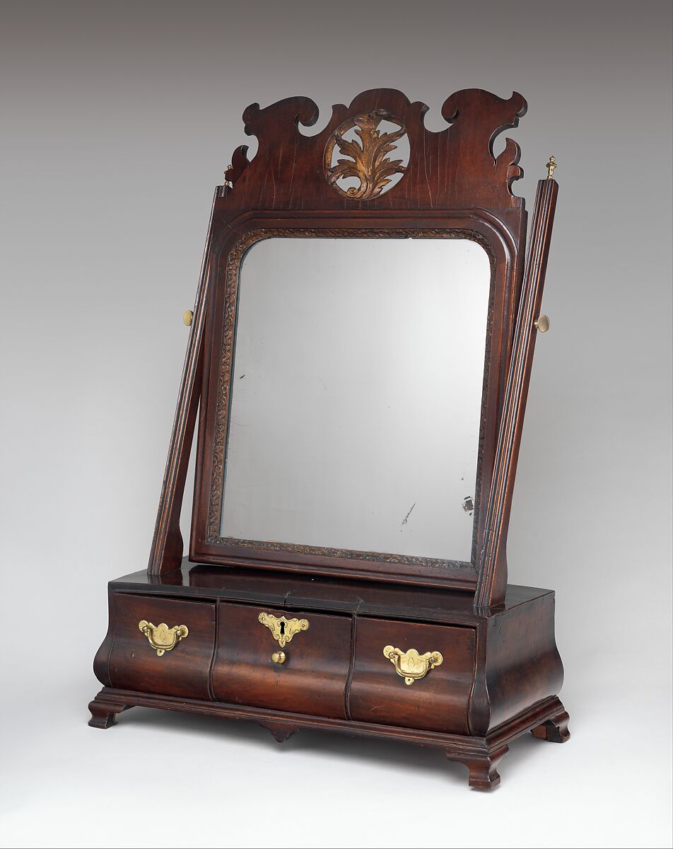 Dressing Glass and Box, Walnut, walnut veneer, white pine; mirror glass; brass, American
