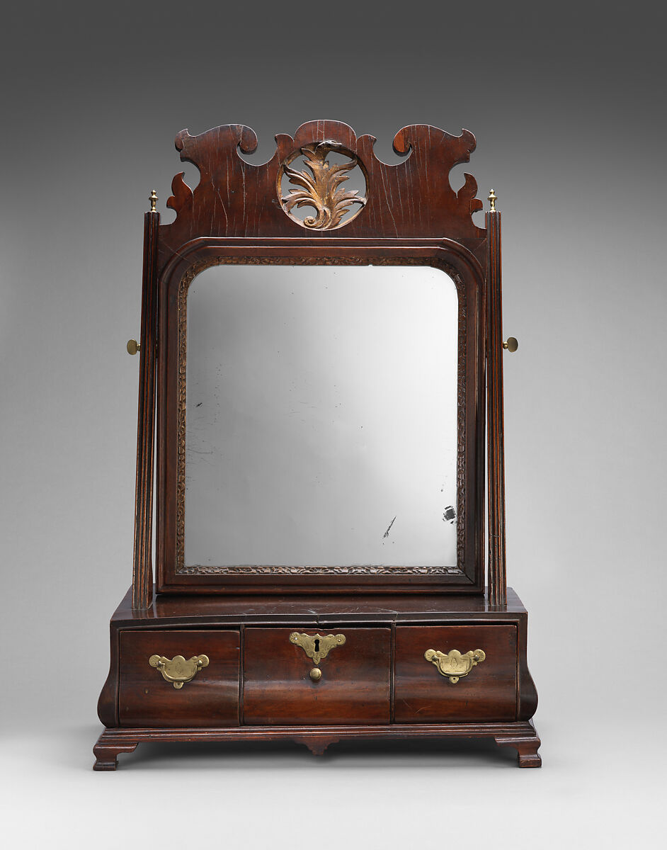 Dressing Glass and Box, Walnut, walnut veneer, white pine; mirror glass; brass, American 