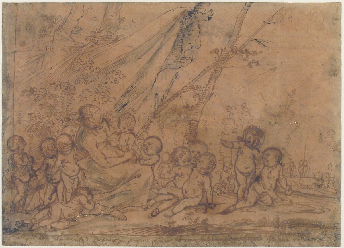 A Seated Female Figure Surrounded by Nude Infants, Pietro Testa (Italian, Lucca 1612–1650 Rome), Pen and brown ink, some black ink, brush and gray wash, on brownish paper