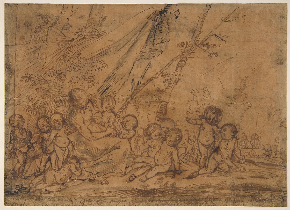 A Seated Female Figure Surrounded by Nude Infants, Pietro Testa (Italian, Lucca 1612–1650 Rome), Pen and brown ink, some black ink, brush and gray wash, on brownish paper 