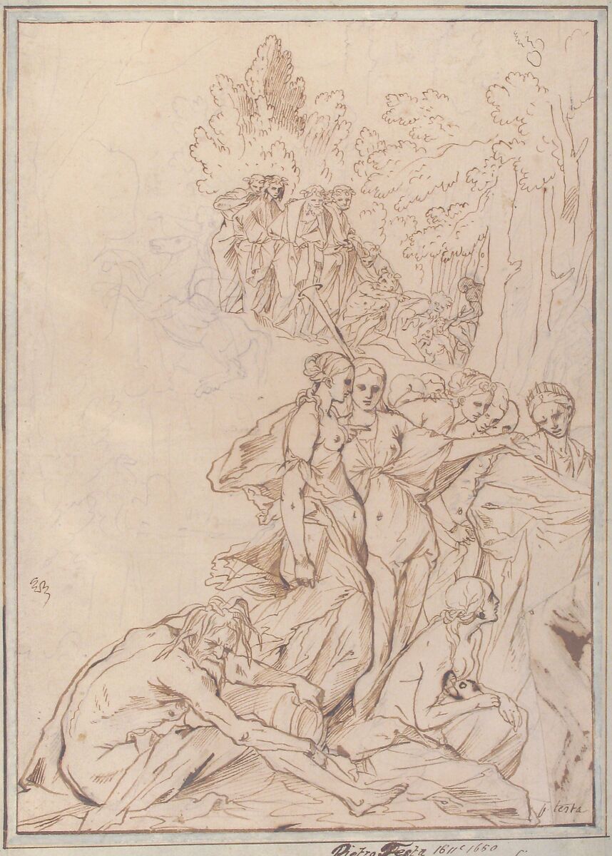 Allegorical Figures on Mount Parnassus: Study for the etching Triumph of Painting, Pietro Testa (Italian, Lucca 1612–1650 Rome), Pen and brown ink, over black chalk.  The sketch of Pegasus in black chalk only.  Framing lines in pen and brown ink