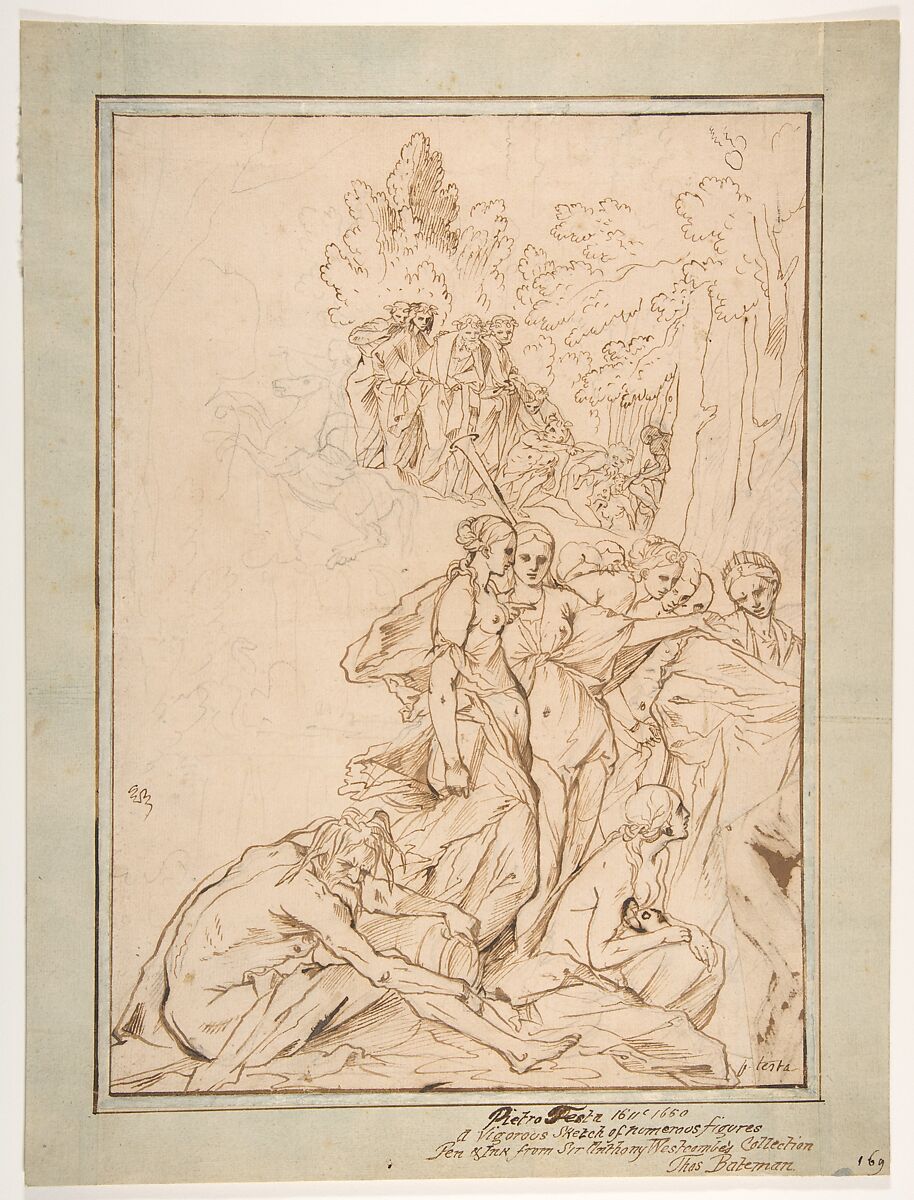 Allegorical Figures on Mount Parnassus: Study for the etching Triumph of Painting, Pietro Testa (Italian, Lucca 1612–1650 Rome), Pen and brown ink, over black chalk.  The sketch of Pegasus in black chalk only.  Framing lines in pen and brown ink 