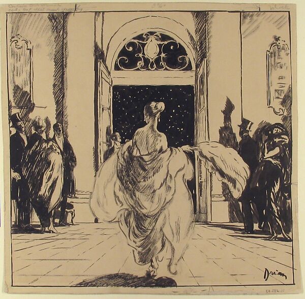 Illustration of a Girl in Evening Dress, Etiénne Drian (French, Bulgnéville 1885–1961 Pontoise), Brush and black ink