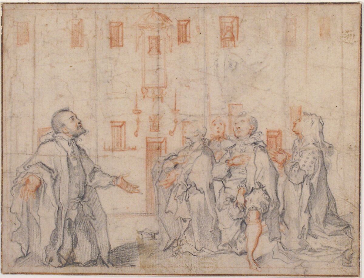 Family Group Kneeling Before a Street Shrine, Ventura Salimbeni (Italian, Siena 1568–1613 Siena), Red and black chalk; framing lines in pen and brown ink