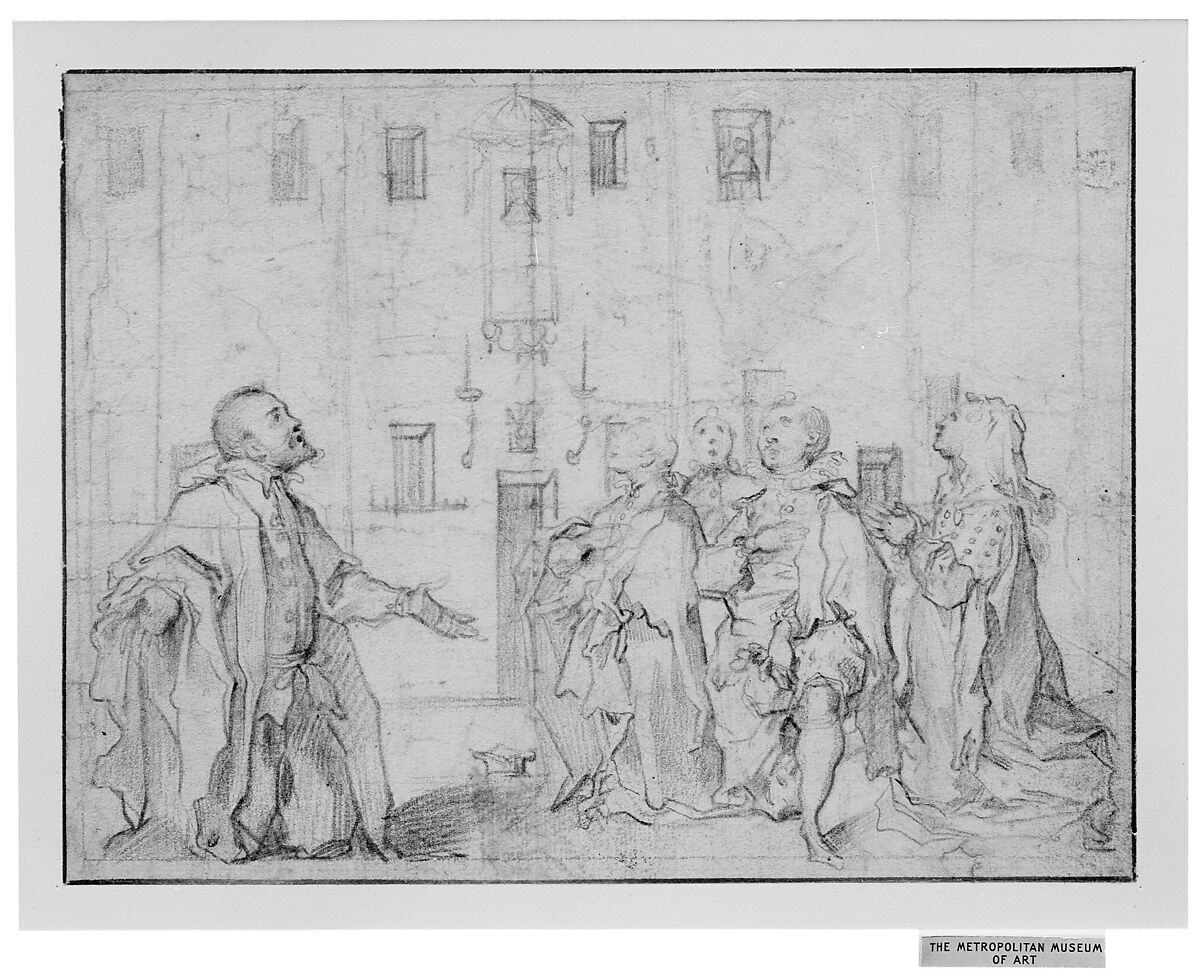 Family Group Kneeling Before a Street Shrine, Ventura Salimbeni (Italian, Siena 1568–1613 Siena), Red and black chalk; framing lines in pen and brown ink