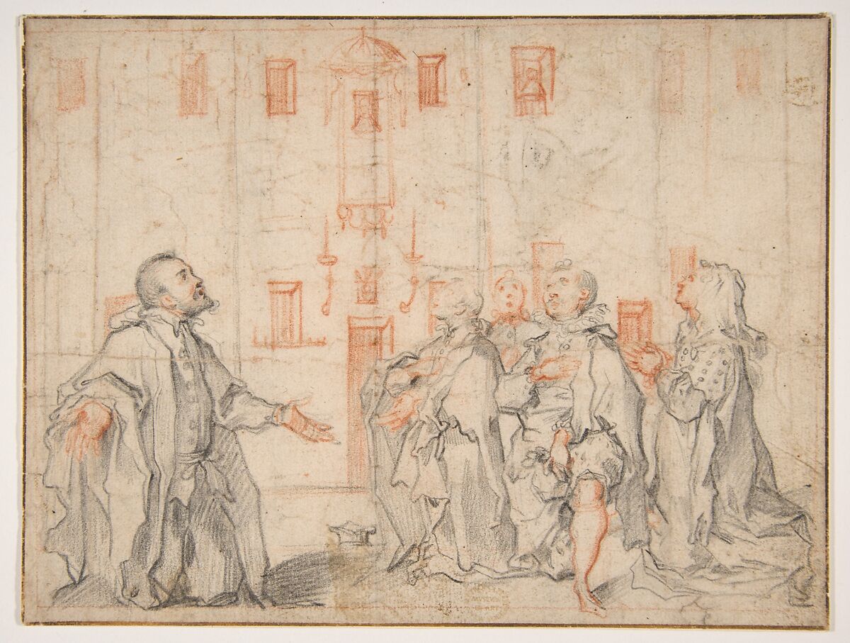 Family Group Kneeling Before a Street Shrine, Ventura Salimbeni (Italian, Siena 1568–1613 Siena), Red and black chalk; framing lines in pen and brown ink 