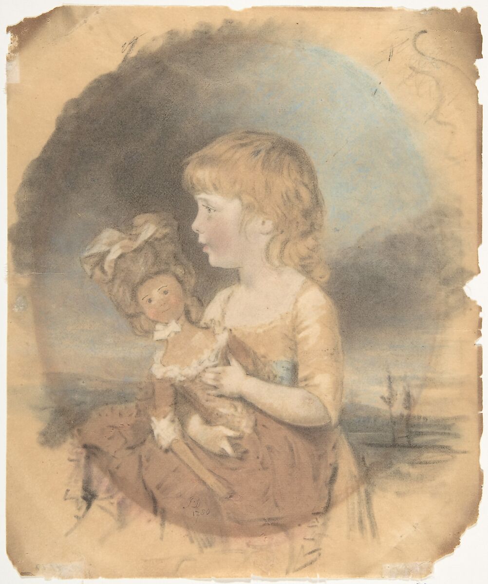 Child Holding a Doll, John Downman (British, Eynesbury, Huntingdonshire 1749–1824 Wrexham, Wales), Watercolor, pastel over graphite 