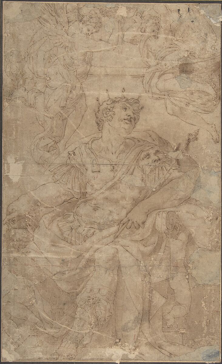 A Seated King in Armor (King David?), Orazio Samacchini (Italian, Bologna 1532–1577 Bologna), Pen and brown ink, brush and brown wash, over possible traces of black chalk, squared in red chalk; glued onto secondary paper support. 