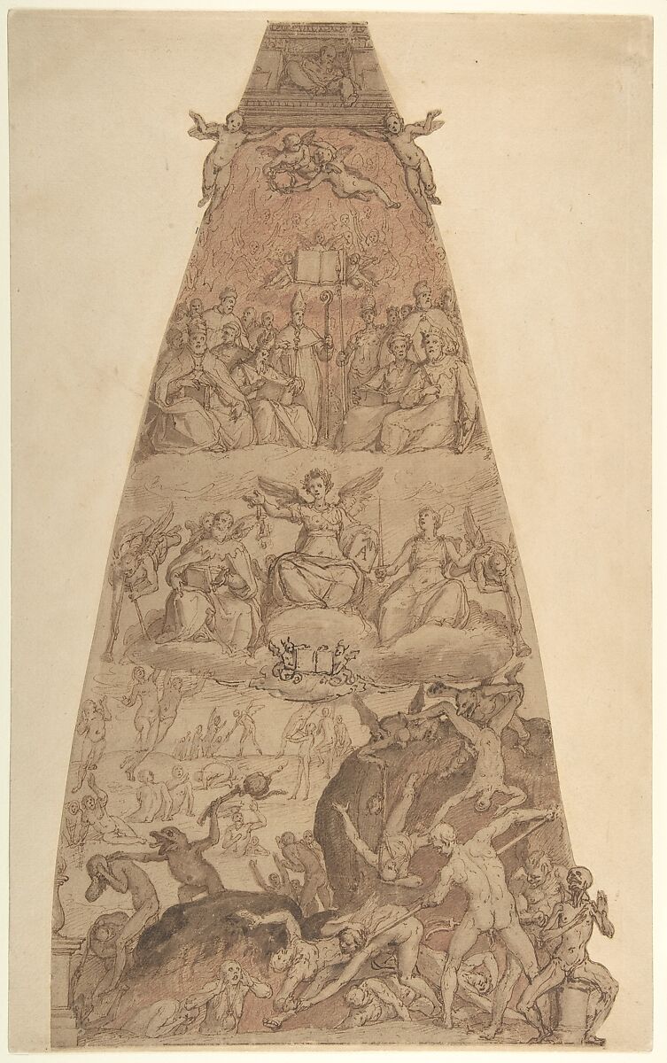 Scene from the Last Judgment, Study for the Fresco Decoration of One of the Segments of the Cupola of the Cathedral of Santa Maria del Fiore in Florence, Federico Zuccaro (Zuccari) (Italian, Sant&#39;Angelo in Vado 1540/42–1609 Ancona), Pen and brown ink, brush and brown wash, over red chalk on ecru paper. The paper is cut to the shape of a segment of an octagonal cupola 