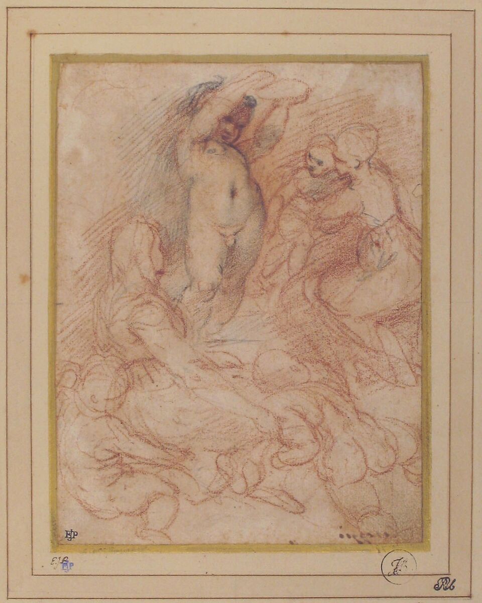 Standing Nude Child Surrounded by Women and Children, School of Correggio (Antonio Allegri) (Italian, Correggio, active by 1514–died 1534 Correggio), Red chalk, partly reworked with black chalk; glued onto secondary paper support