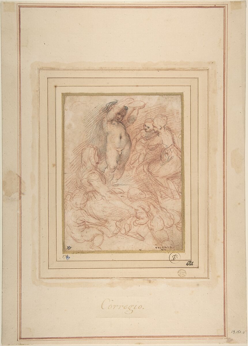 Standing Nude Child Surrounded by Women and Children, School of Correggio (Antonio Allegri) (Italian, Correggio, active by 1514–died 1534 Correggio), Red chalk, partly reworked with black chalk; glued onto secondary paper support 