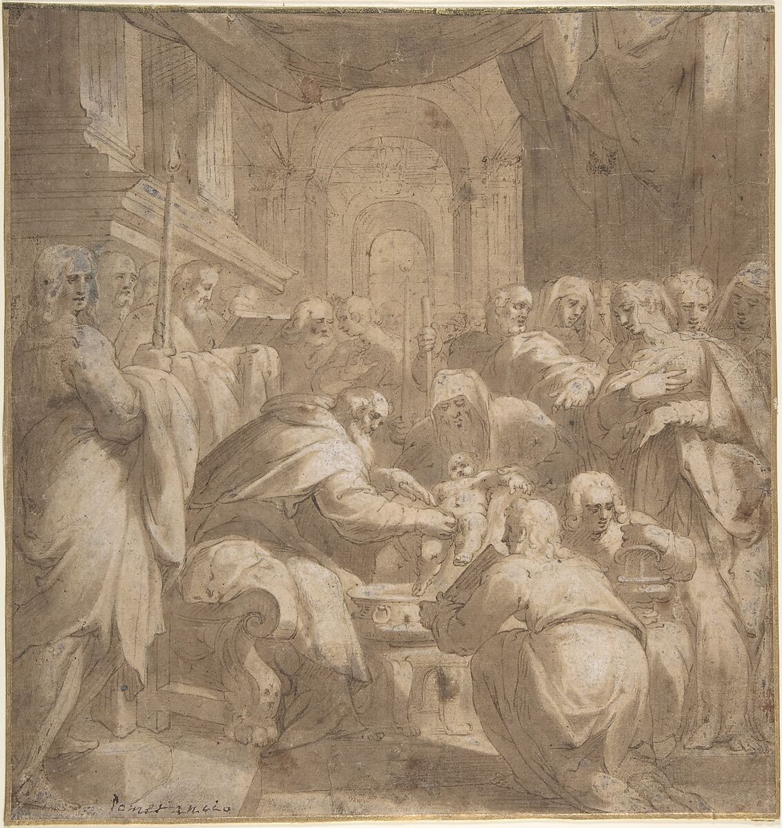 Circumcision in the Temple, Attributed to Hans Speckaert (Netherlandish, Brussels ca. 1540–1577 Rome), Pen and brown ink, brush and brown wash, over traces of black chalk, heightened with white 