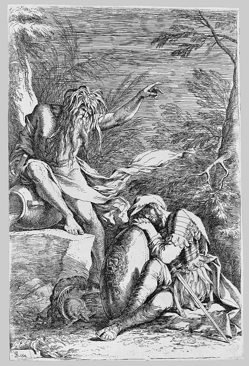Dream of Aeneas: Aeneas rests his head on his hands atop his shield, while the river god Tiber leans on a vessel and points upward with his left hand, Salvator Rosa (Italian, Arenella (Naples) 1615–1673 Rome), Etching and drypoint