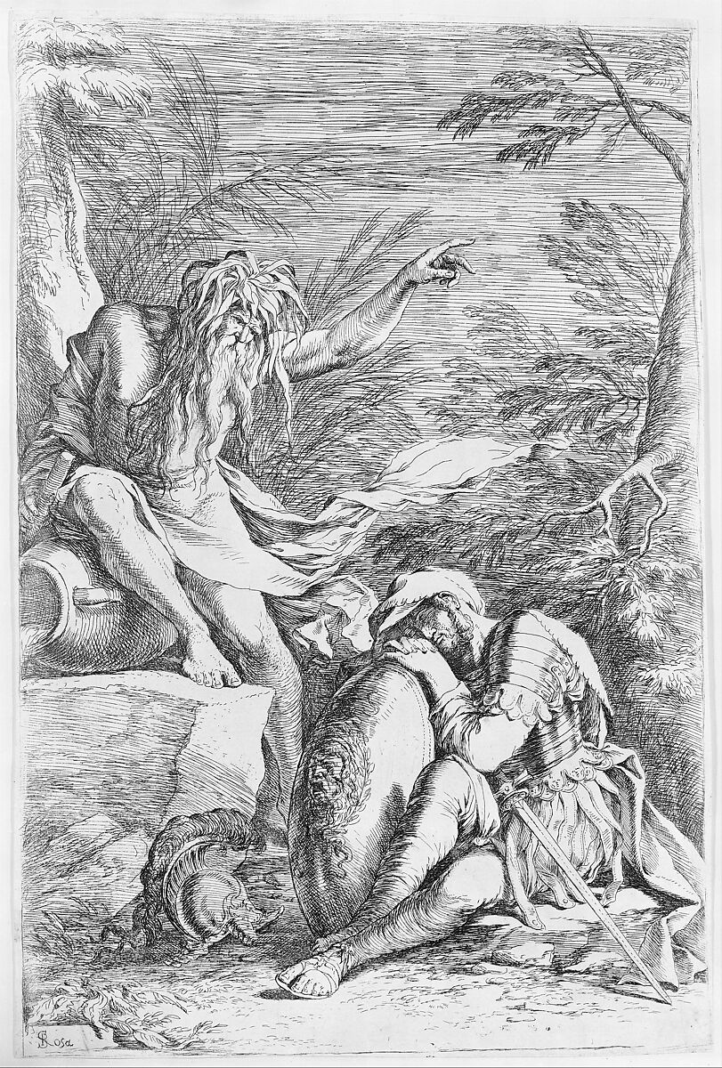 Dream of Aeneas: Aeneas rests his head on his hands atop his shield, while the river god Tiber leans on a vessel and points upward with his left hand, Salvator Rosa (Italian, Arenella (Naples) 1615–1673 Rome), Etching and drypoint
