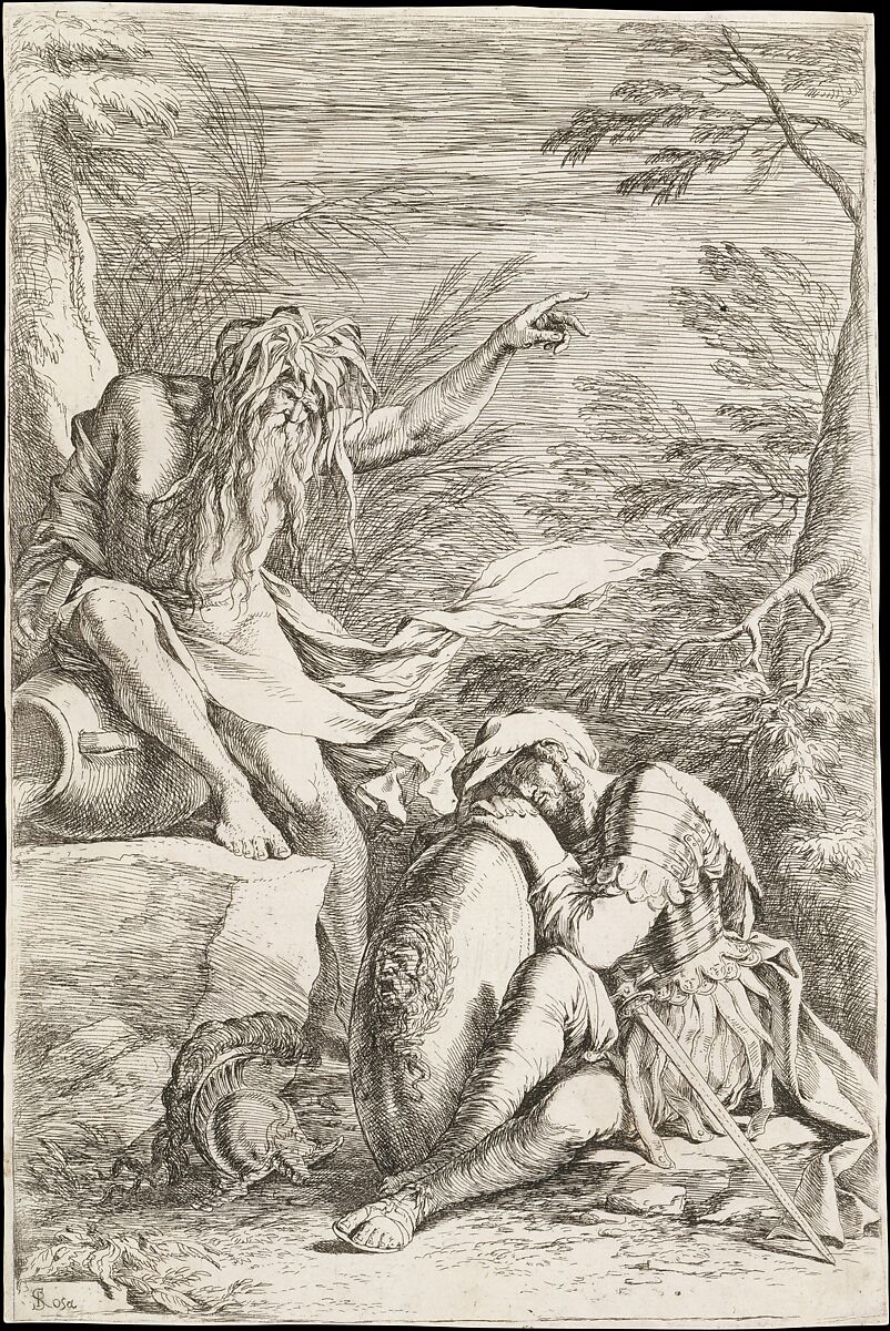 Dream of Aeneas: Aeneas rests his head on his hands atop his shield, while the river god Tiber leans on a vessel and points upward with his left hand, Salvator Rosa (Italian, Arenella (Naples) 1615–1673 Rome), Etching and drypoint 