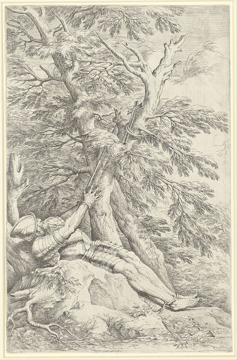 Saint William of Maleval, hands tied with rope fastened to a tree
