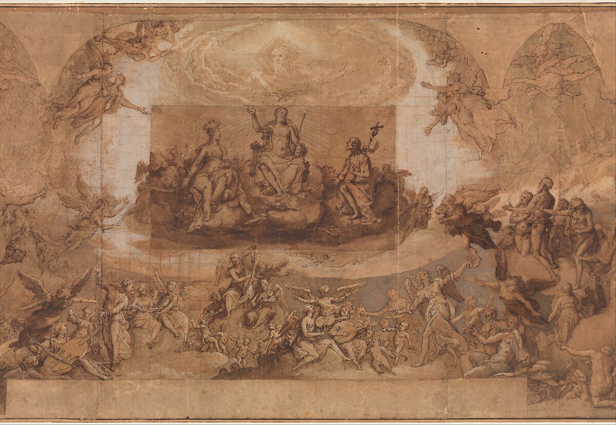 Paradise, Federico Zuccaro (Zuccari) (Italian, Sant'Angelo in Vado 1540/42–1609 Ancona), Pen and brown ink, brush and brown wash, watercolor, gouache, highlighted with white gouache, left and central sections squared in red chalk, on three sheets of brown paper, joined vertically.  A piece of brown paper with figures of Christ, the Virgin, and St. John the Baptist, measuring 14.0 x 24.0 cm., has been affixed at the center of the drawing.