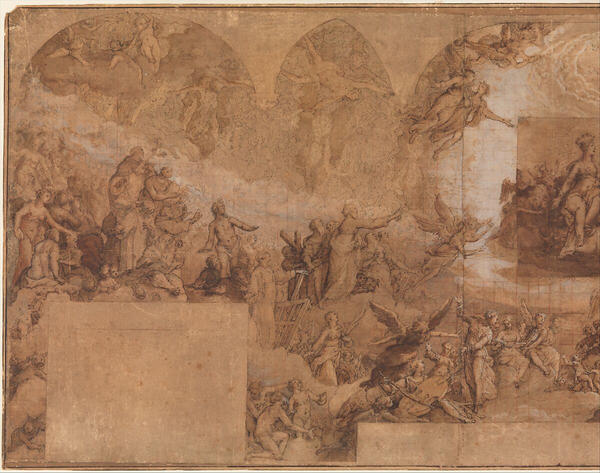 Paradise, Federico Zuccaro (Zuccari) (Italian, Sant'Angelo in Vado 1540/42–1609 Ancona), Pen and brown ink, brush and brown wash, watercolor, gouache, highlighted with white gouache, left and central sections squared in red chalk, on three sheets of brown paper, joined vertically.  A piece of brown paper with figures of Christ, the Virgin, and St. John the Baptist, measuring 14.0 x 24.0 cm., has been affixed at the center of the drawing.
