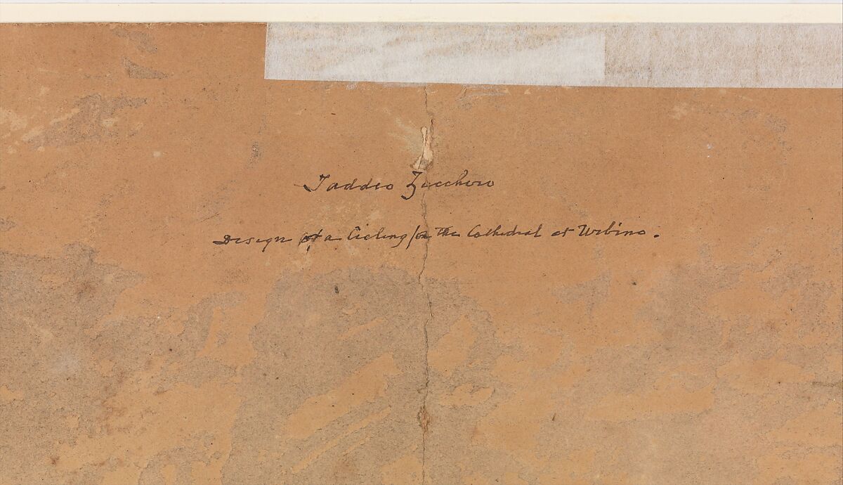 Paradise, Federico Zuccaro (Zuccari) (Italian, Sant'Angelo in Vado 1540/42–1609 Ancona), Pen and brown ink, brush and brown wash, watercolor, gouache, highlighted with white gouache, left and central sections squared in red chalk, on three sheets of brown paper, joined vertically.  A piece of brown paper with figures of Christ, the Virgin, and St. John the Baptist, measuring 14.0 x 24.0 cm., has been affixed at the center of the drawing.