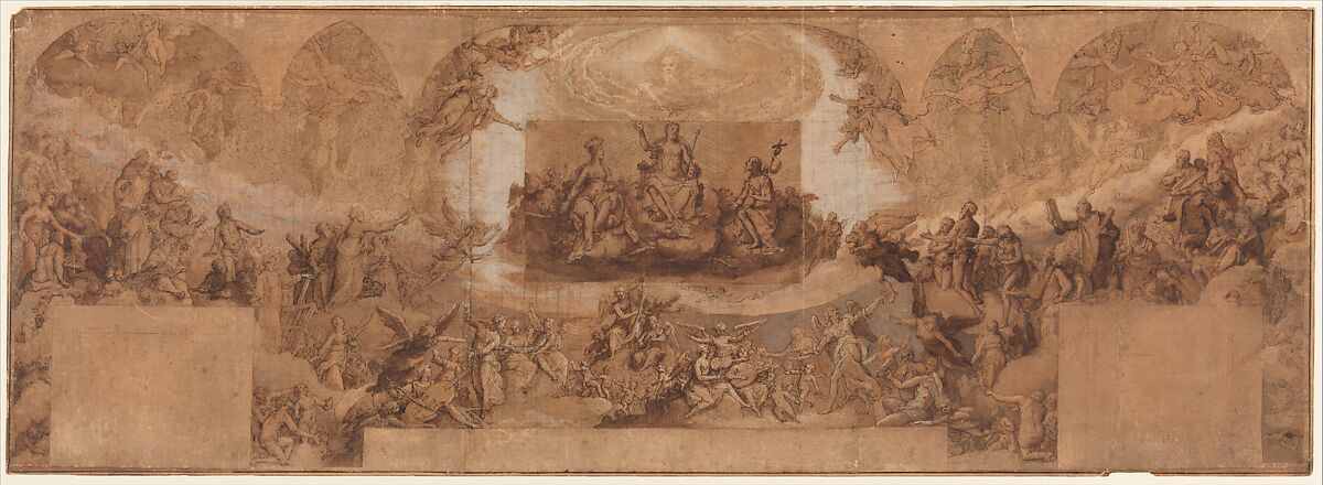 Paradise, Federico Zuccaro (Zuccari) (Italian, Sant&#39;Angelo in Vado 1540/42–1609 Ancona), Pen and brown ink, brush and brown wash, watercolor, gouache, highlighted with white gouache, left and central sections squared in red chalk, on three sheets of brown paper, joined vertically.  A piece of brown paper with figures of Christ, the Virgin, and St. John the Baptist, measuring 14.0 x 24.0 cm., has been affixed at the center of the drawing. 