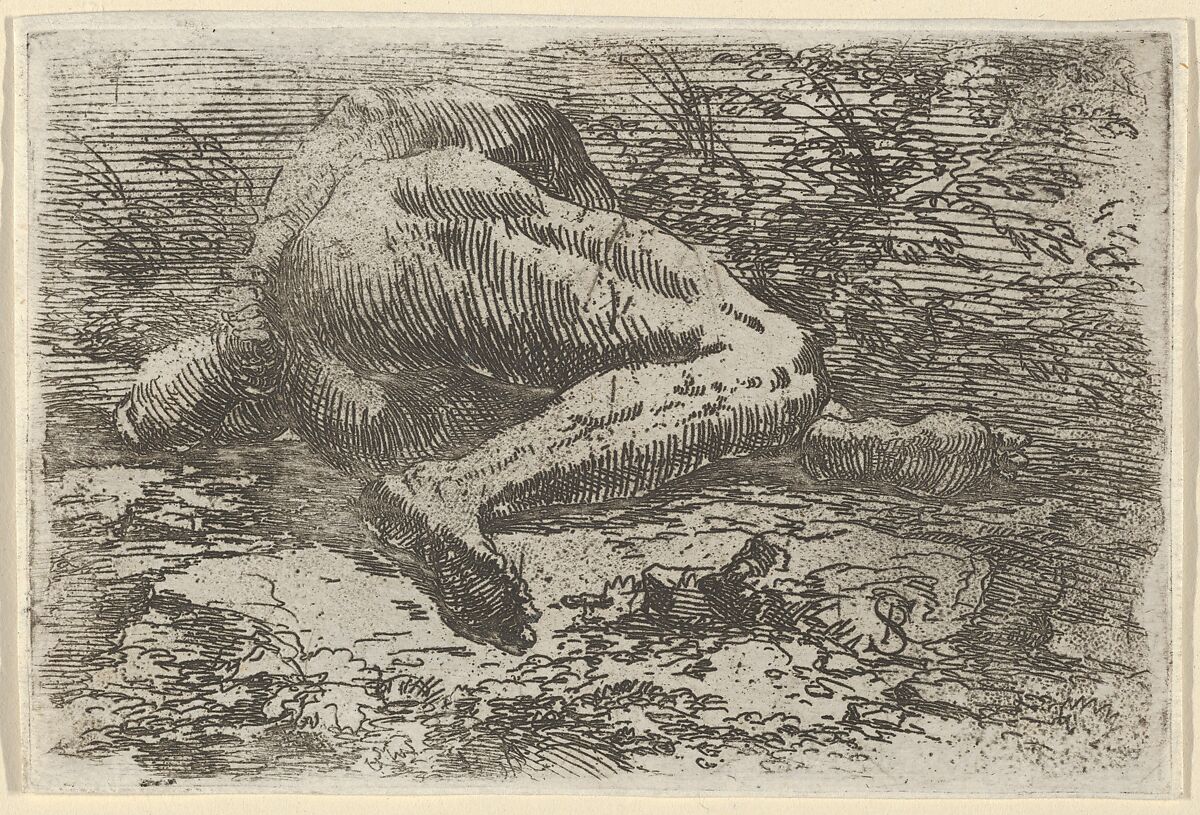 Male nude lying on his side with his right arm behind his back, Salvator Rosa (Italian, Arenella (Naples) 1615–1673 Rome), Etching 