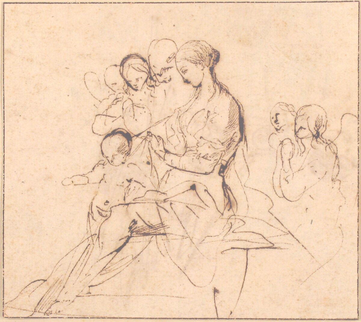 The Holy Family with Attendant Angels, Pietro Testa (Italian, Lucca 1612–1650 Rome), Pen and brown ink (recto); fragmentary copy in pen and brown ink of figures in Mantegna's engraving, the Senators (verso) (Bartsch, 8, pp. 234-235, no. 11)