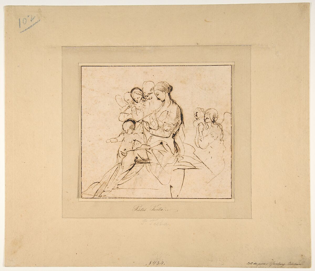The Holy Family with Attendant Angels, Pietro Testa (Italian, Lucca 1612–1650 Rome), Pen and brown ink (recto); fragmentary copy in pen and brown ink of figures in Mantegna's engraving, the Senators (verso) (Bartsch, 8, pp. 234-235, no. 11) 