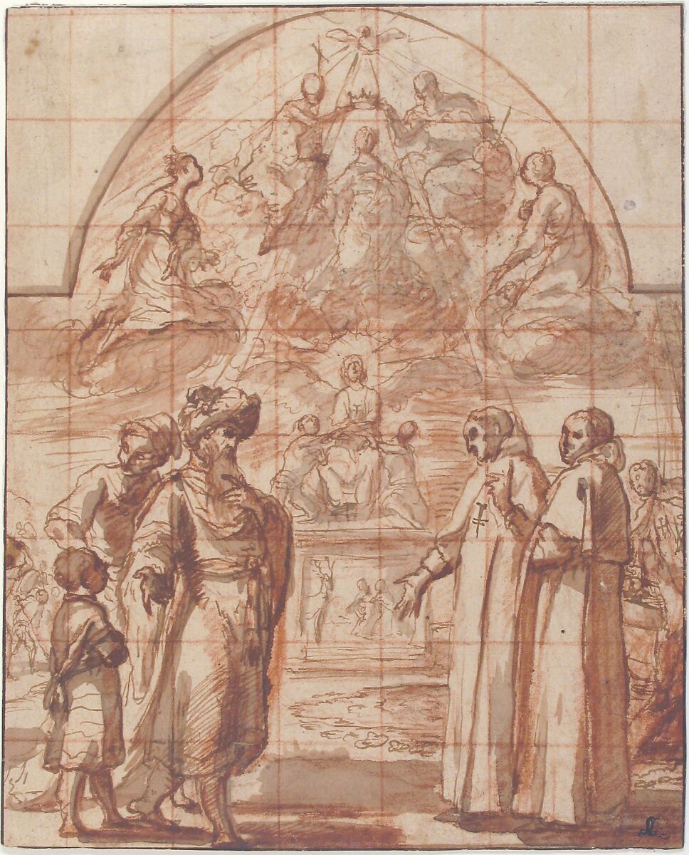 Allegory of the Trinitarian Order, Alessandro Tiarini (Italian, Bologna 1577–1668 Bologna), Pen and brown ink, brush and brown wash, over red chalk; squared in red chalk; arched framing lines above in pen and brown ink