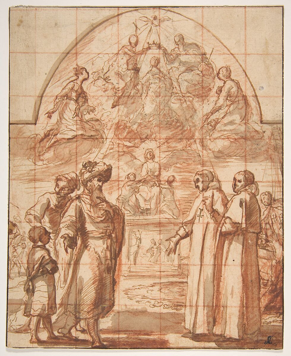Allegory of the Trinitarian Order, Alessandro Tiarini (Italian, Bologna 1577–1668 Bologna), Pen and brown ink, brush and brown wash, over red chalk; squared in red chalk; arched framing lines above in pen and brown ink 