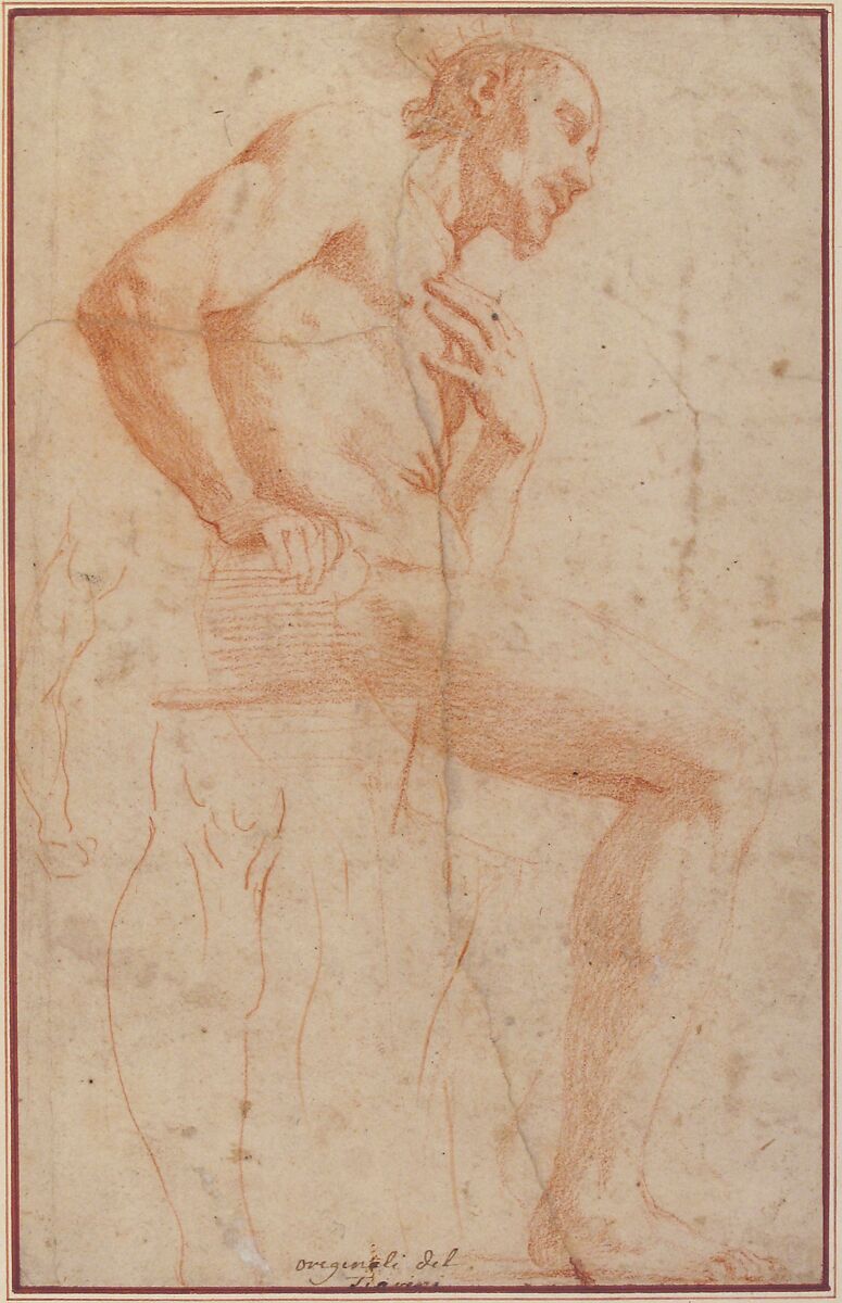 Seated Male Nude Facing Right, Alessandro Tiarini (Italian, Bologna 1577–1668 Bologna), Red chalk on beige paper