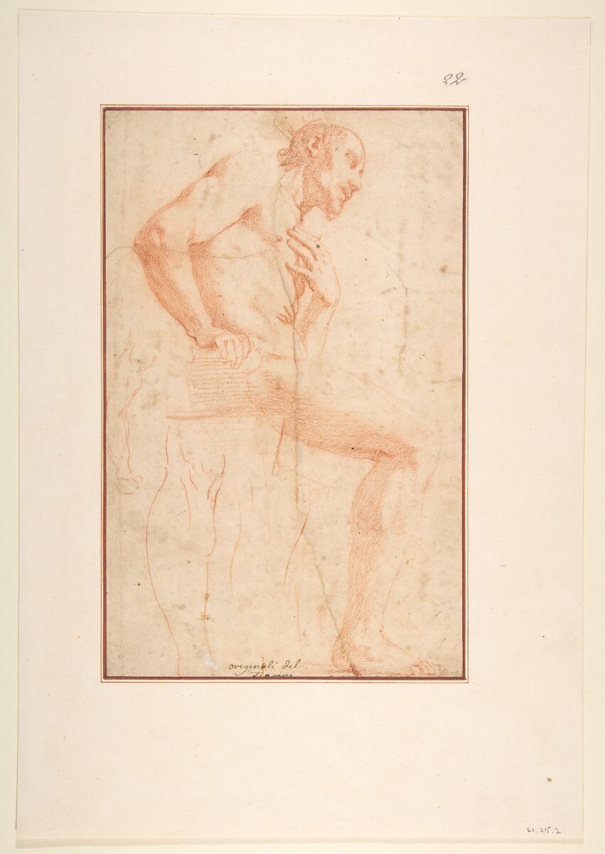 Seated Male Nude Facing Right, Alessandro Tiarini (Italian, Bologna 1577–1668 Bologna), Red chalk on beige paper 